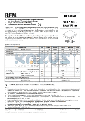 RF1415D datasheet - 315.0 MHz SAW Filter