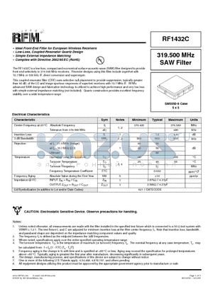 RF1432C datasheet - 319.500 MHz SAW Filter
