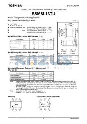 SSM6L13TU datasheet - TOSHIBA Field-Effect Transistor Silicon P / N Channel MOS Type