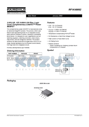 RF1K49092 datasheet - 3.5A/2.5A, 12V, 0.050/0.130 Ohm, Logic Level, Complementary LittleFET Power MOSFET