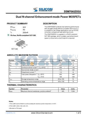 SSM7002DGU datasheet - Dual N-channel Enhancement-mode Power MOSFETs