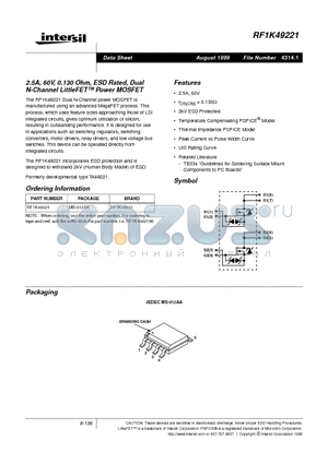 RF1K49221 datasheet - 2.5A, 60V, 0.130 Ohm, ESD Rated, Dual N-Channel LittleFET Power MOSFET
