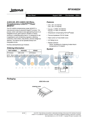 RF1K49224 datasheet - 3.5A/2.5A, 30V, 0.060/0.150 Ohms, Complementary LittleFET Power MOSFET
