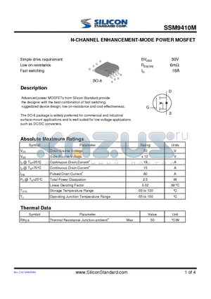 SSM9410M datasheet - N-CHANNEL ENHANCEMENT-MODE POWER MOSFET