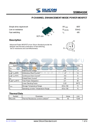 SSM9435K datasheet - P-CHANNEL ENHANCEMENT-MODE POWER MOSFET