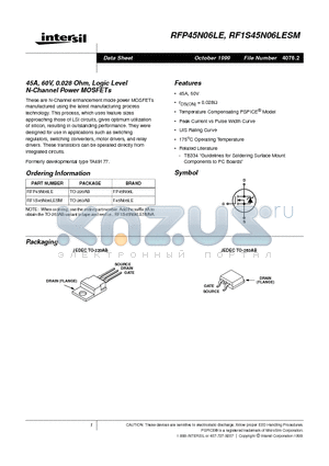 RF1S45N06LESM datasheet - 45A, 60V, 0.028 Ohm, Logic Level N-Channel Power MOSFETs