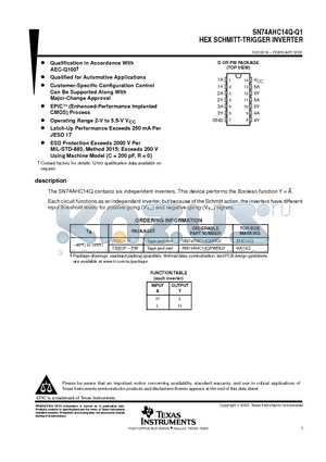 SN74AHC14QDRQ1 datasheet - HEX SCHMITT-TRIGGER INVERTER