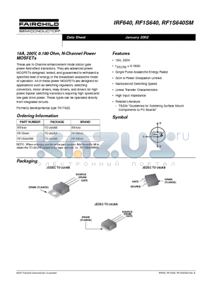 RF1S640 datasheet - 18A, 200V, 0.180 Ohm, N-Channel Power MOSFETs