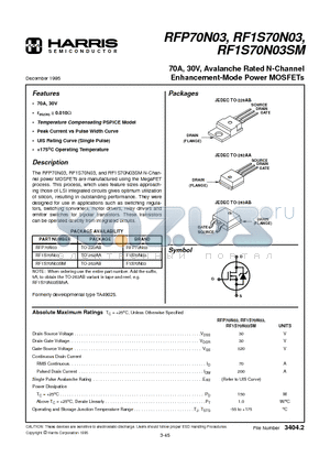 RF1S70N03 datasheet - 70A, 30V, Avalanche Rated N-Channel Enhancement-Mode Power MOSFETs