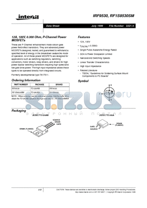 RF1S9530SM datasheet - 12A, 100V, 0.300 Ohm, P-Channel Power MOSFETs