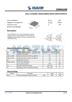 SSM9926M datasheet - DUAL N CHANNEL ENHANCEMENT MODE POWER MOSFETS