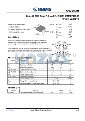 SSM9930M datasheet - DUAL N- AND DUAL P-CHANNEL ENHANCEMENT-MODE POWER MOSFETS