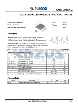 SSM9980M datasheet - DUAL N-CHANNEL ENHANCEMENT-MODE POWER MOSFETS