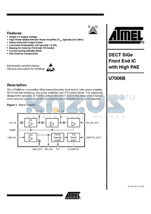 U7006B-MLBG3 datasheet - DECT SiGe Front End IC with High PAE