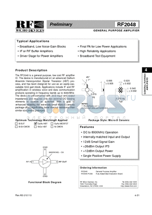 RF2048PCBA datasheet - GENERAL PURPOSE AMPLIFIER