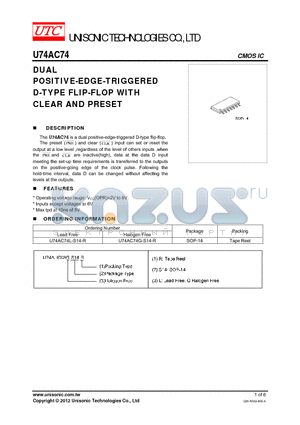U74AC74G-S14-R datasheet - POSITIVE-EDGE-TRIGGERED D-TYPE FLIP-FLOP WITH CLEAR AND PRESET