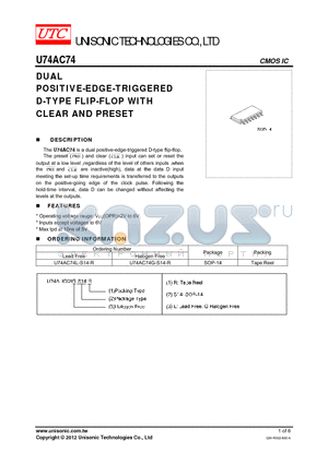 U74AC74L-S14-R datasheet - POSITIVE-EDGE-TRIGGERED D-TYPE FLIP-FLOP WITH CLEAR AND PRESET