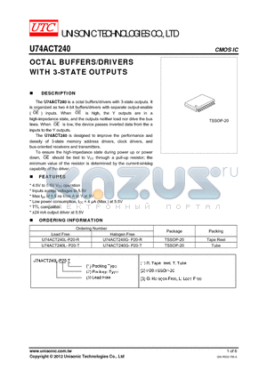 U74ACT240G-P20-R datasheet - The U74ACT240 is designed to improve the performance and density of 3-state memory address drivers, clock drivers, and bus-oriented receivers and transmitters.