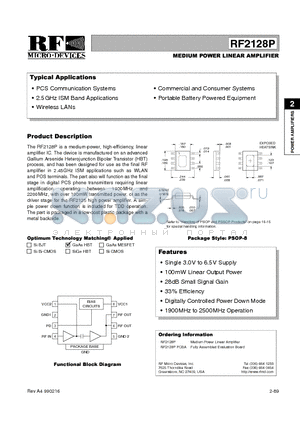 RF2128PPCBA datasheet - MEDIUM POWER LINEAR AMPLIFIER