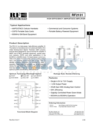 RF2131 datasheet - HIGH EFFICIENCY AMPS/ETACS AMPLIFIER
