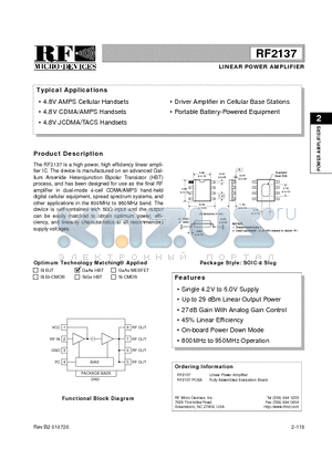 RF2137PCBA datasheet - LINEAR POWER AMPLIFIER