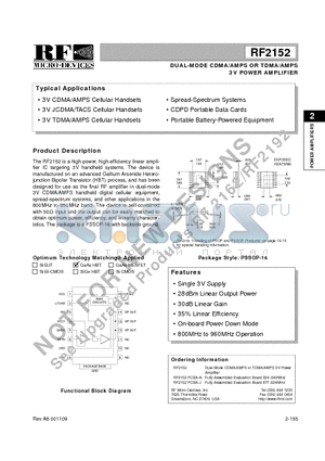 RF2152PCBA-J datasheet - DUAL-MODE CDMA/AMPS OR TDMA/AMPS 3V POWER AMPLIFIER