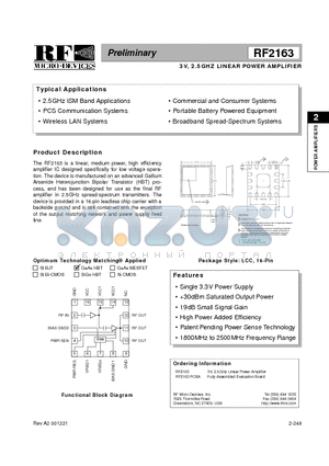 RF2163PCBA datasheet - 3V, 2.5GHZ LINEAR POWER AMPLIFIER