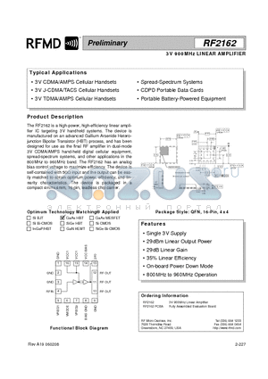 RF2162_06 datasheet - 3V 900MHz LINEAR AMPLIFIER