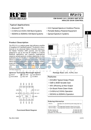 RF2172 datasheet - ISM BAND 3.6V, 250MW AMP WITH ANALOG GAIN CONTROL