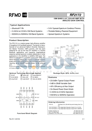 RF2172 datasheet - ISM BAND 3.6V, 250mW AMP WITH ANALOG GAIN CONTROL