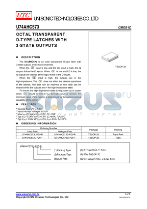 U74AHC573L-P20-T datasheet - OCTAL TRANSPARENT D-TYPE LATCHES WITH 3-STATE OUTPUTS