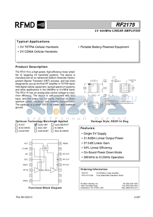 RF2175PCBA datasheet - 3V 400MHz LINEAR AMPLIFIER