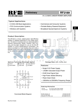 RF2189 datasheet - 3V, 2.5GHZ LINEAR POWER AMPLIFIER