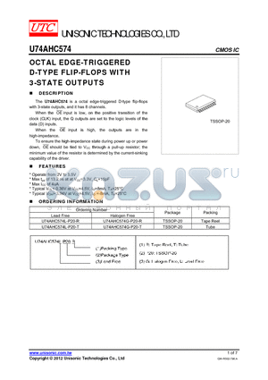 U74AHC574G-P20-T datasheet - OCTAL EDGE-TRIGGERED D-TYPE FLIP-FLOPS WITH 3-STATE OUTPUTS