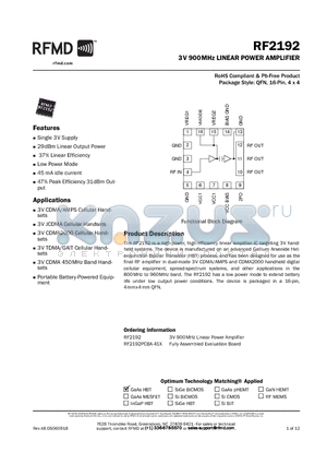 RF2192PCBA-41X datasheet - 3V 900MHz LINEAR POWER AMPLIFIER