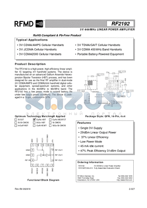 RF2192_06 datasheet - 3V 900MHz LINEAR POWER AMPLIFIER