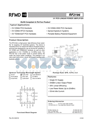 RF2196PCBA-41X datasheet - 3V PCS LINEAR POWER AMPLIFIER