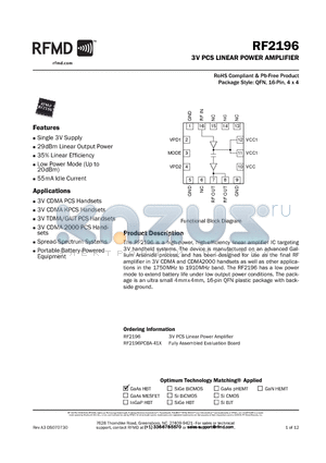 RF2196 datasheet - 3V PCS LINEAR POWER AMPLIFIER