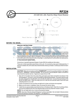 RF224 datasheet - A10 208 VAC, 20A, Feed-thru Relay Fixture Receiver