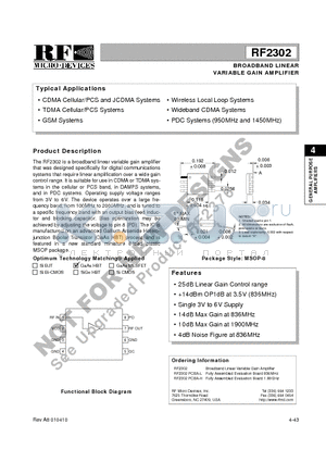 RF2302 datasheet - BROADBAND LINEAR VARIABLE GAIN AMPLIFIER