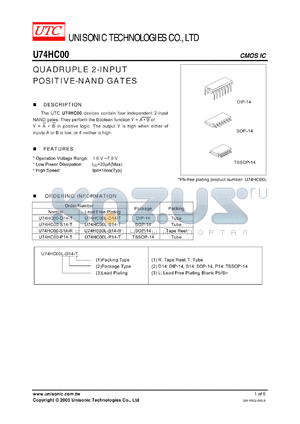 U74HC00L-D14-T datasheet - QUADRUPLE 2-INPUT POSITIVE-NAND GATES