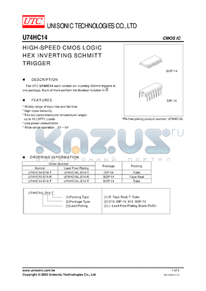 U74HC14L-D14-T datasheet - HIGH-SPEED CMOS LOGIC HEX INVERTING SCHMITT TRIGGER