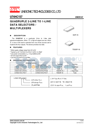 U74HC157G-P16-T datasheet - QUADRUPLE 2-LINE TO 1-LINE DATA SELECTORS / MULTIPLEXERS