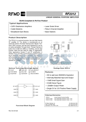 RF2312PCBA datasheet - LINEAR GENERAL PURPOSE AMPLIFIER