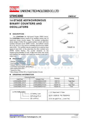 U74HC4060 datasheet - 14-STAGE ASYNCHRONOUS BINARY COUNTERS AND OSCILLATORS
