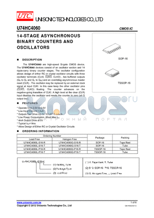 U74HC4060G-P16-T datasheet - 14-STAGE ASYNCHRONOUS BINARY COUNTERS AND OSCILLATORS