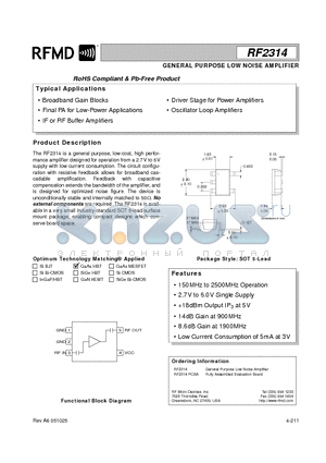 RF2314PCBA datasheet - GENERAL PURPOSE LOW NOISE AMPLIFIER