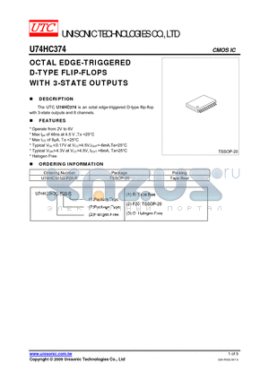 U74HC374 datasheet - OCTAL EDGE-TRIGGERED D-TYPE FLIP-FLOPS WITH 3-STATE OUTPUTS