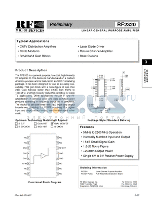 RF2320 datasheet - LINEAR GENERAL PURPOSE AMPLIFIER