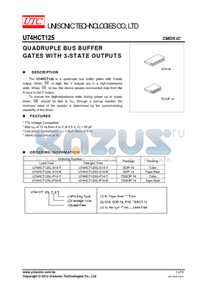 U74HCT125L-S14-T datasheet - QUADRUPLE BUS BUFFER GATES WITH 3-STATE OUTPUTS